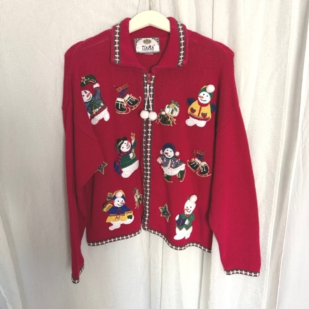 Tiara International Ugly Christmas Sweater Women L Red Snowman Zip Cardigan